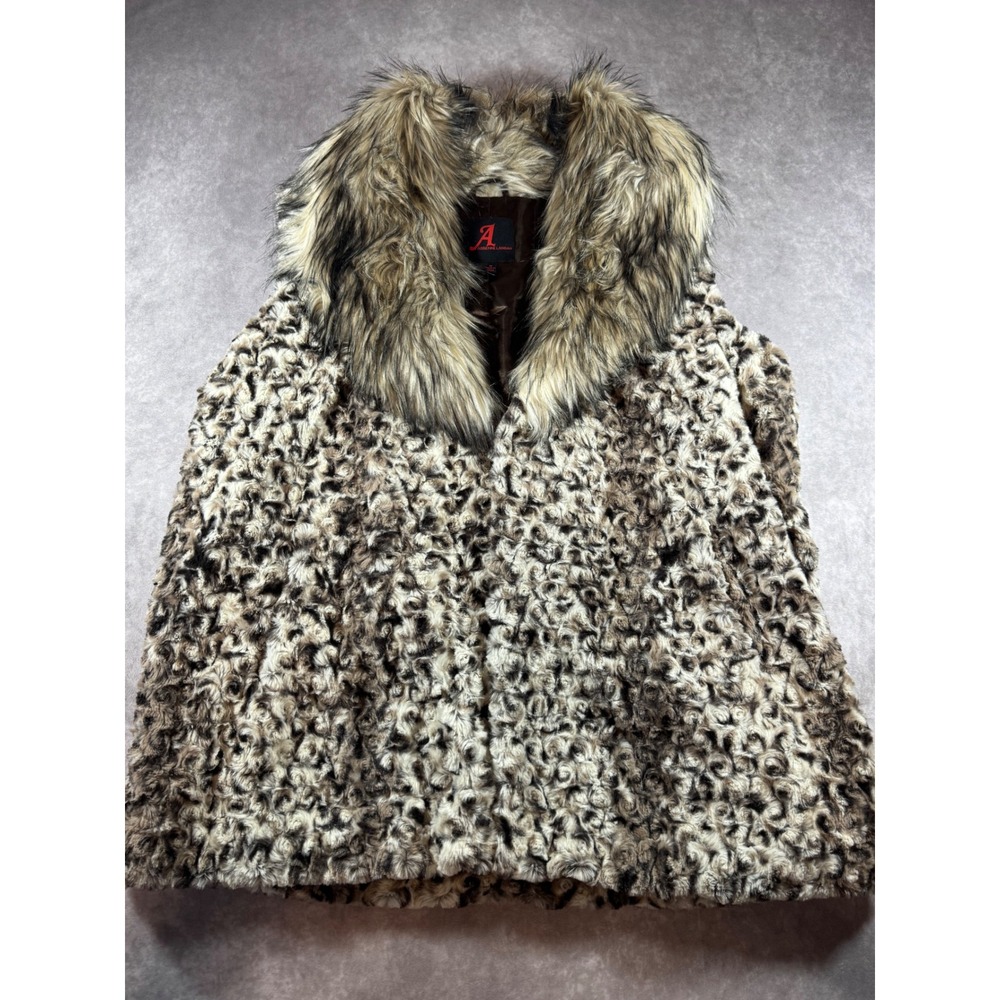 Adrienne Landau Faux Fur Vest Animal Print Oversized Collar Brown 1X NWT